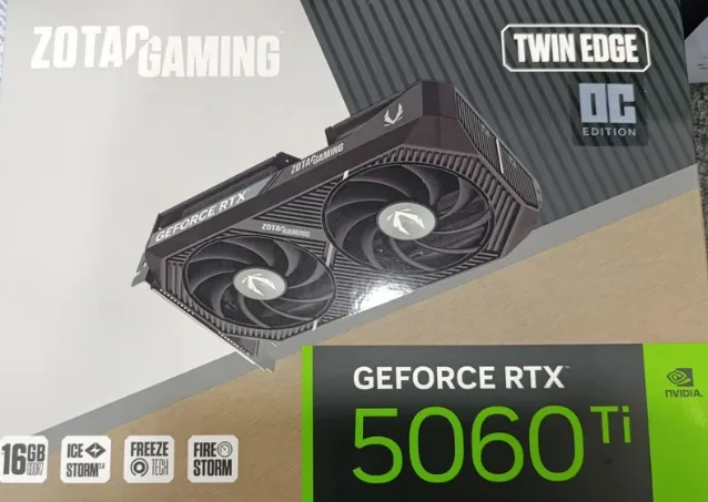 A ZOTAC GAMING GeForce RTX 5060 Ti Twin Edge OC retail box, with 16GB GDDR7 printed on the front