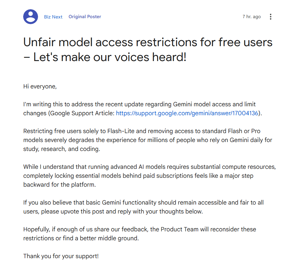A user's post on Google's Gemini community forum titled: Unfair model access restrictions for free users